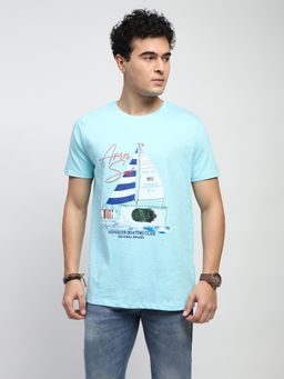 Global Republic - Men Aqua Cotton Graphic Regular Fit T-Shirt