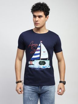 Global Republic - Men Navy Blue Cotton Graphic Regular Fit T-Shirt