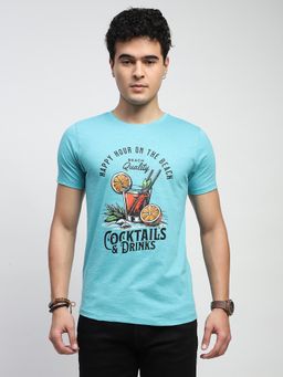 Global Republic - Men Aqua Cotton Graphic Regular Fit T-Shirt