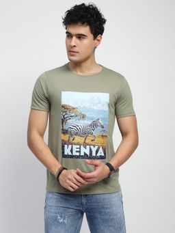 Global Republic - Men Olive Cotton Blend Graphic Regular Fit T-Shirt