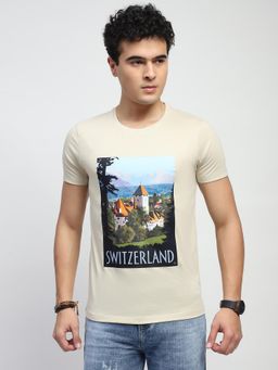 Global Republic - Men Beige Cotton Blend Graphic Regular Fit T-Shirt