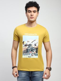 Global Republic - Men Mustard Cotton Blend Graphic Regular Fit T-Shirt