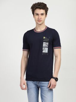 Global Republic - Men Navy Blue Cotton Graphic Regular Fit T-Shirt