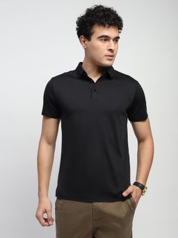 Global Republic - Men Black Nylon Solid Regular Fit Polo T-Shirt