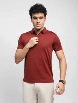 Global Republic - Men Rust Nylon Solid Regular Fit Polo T-Shirt