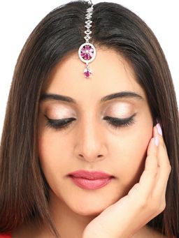 Yellow Chimes - Women Pink Silver Plated Ad Studded Handcrafted Maang Tikka