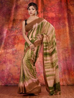CHARUKRITI - Beige Cotton Soft Handwoven Tie Dye Saree and Unstitched Blouse