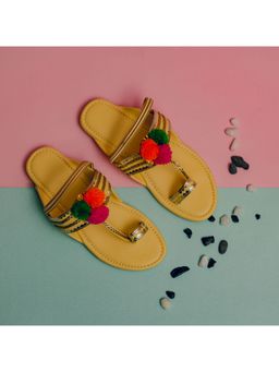 Lil Pitaara - Girls Yellow Pom Pom Applique Kolhapuris