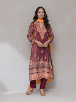 Aarke Ritu Kumar - Purple Prune Floral Kurta with Pant and Dupatta (Set of 3)