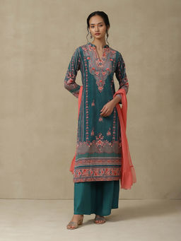 Aarke Ritu Kumar - Green Floral Kurta with Palazzo and Dupatta (Set of 3)