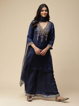 Aarke Ritu Kumar - Navy Blue Embroidered Kurta with Palazzo and Dupatta (Set of 3)