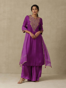 Aarke Ritu Kumar - Purple Embroidered Kurta with Palazzo and Dupatta (Set of 3)