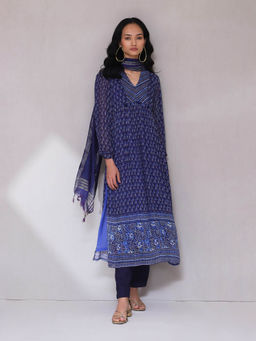 Aarke Ritu Kumar - Navy Blue Printed Kurta with Pant and Dupatta (Set of 3)