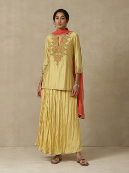 Aarke Ritu Kumar - Yellow Embroidered Kurta with Skirt and Dupatta (Set of 3)