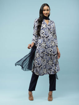 Aarke Ritu Kumar - Navy Bland Collar Three Fourth Sleeve Kurta with Pant & Dupatta (Set of 3)