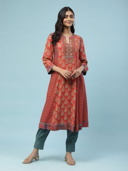 Aarke Ritu Kumar - Red Printed A-Line Kurta