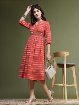 Rama's - Women Red Floral Print A-Line Dress