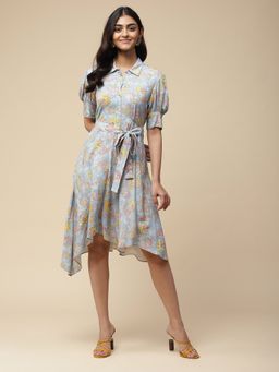 Aarke Ritu Kumar - Blue Floral Print Knee Length Dress (Set of 2)