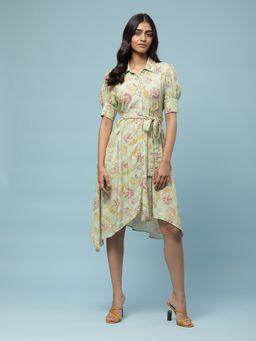 Aarke Ritu Kumar - Green Floral Print Knee Length Dress (Set of 2)