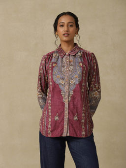 Aarke Ritu Kumar - Purple Prune Printed Velvet Shirt