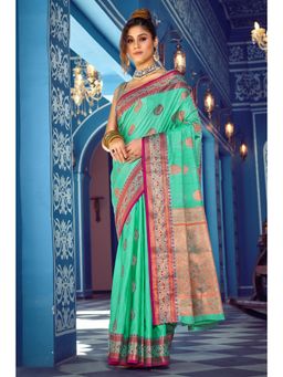 Sangam Prints - Sea Green Banarasi Silk Woven Zari Work Traditional Saree with Unstitched Blouse