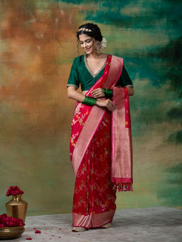 WeaverStory - Handloom Rani Pink Katan Silk Meenakari Banarasi Saree