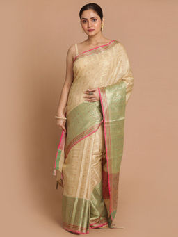 Indethnic - Banarasi Beige Woven Design Festive Wear Saree With Unstitched Blouse