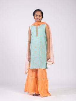 Kasya - Blue Printed Straight Sleeveless Kurta with Sharara and Dupatta (Set of 3)