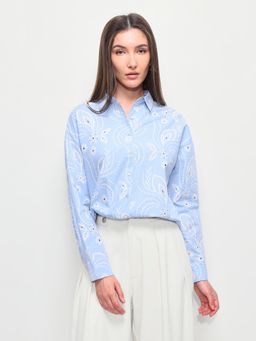 U.S. POLO ASSN. - Blue Floral Self Design Cut Work Oversized Fit Shirt