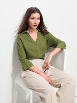 U.S. POLO ASSN. - Green Solid Three Fourth Sleeves Relaxed Fit Shirt