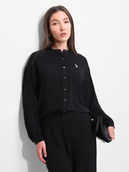 U.S. POLO ASSN. - Black Textured Relaxed Fit Mandarin Neck Shirt