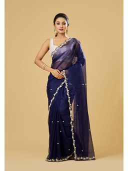 Aparnaa - Navy Blue Organza Saree with Unstitched Blouse