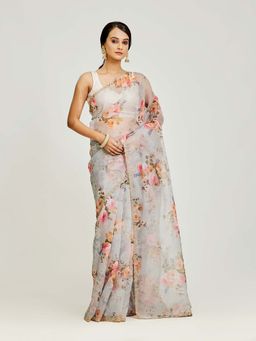 Aparnaa - Grey Organza Printed Saree with Unstitched Blouse