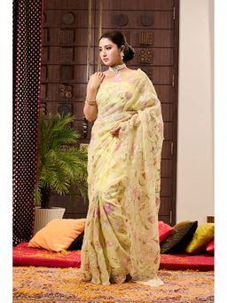 Aparnaa - Yellow Applique work Organza Saree with Unstitched Blouse