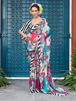 Aparnaa - Abstract Pink Printed Satin Georgette Saree with Unstitched Blouse