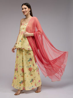 Gajra Gang - Ochre Chanderi Floral Kurta, Palazzo, Ombre Dupatta Blushed Affair (Set of 3)