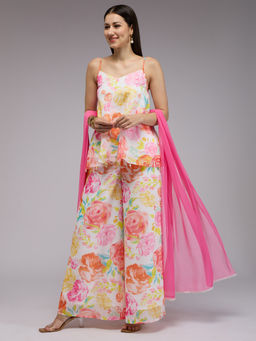 Gajra Gang - Multicolor Chanderi Floral Kurta, Palazzo & Ombre Dupatta Blushed Affair (Set of 3)