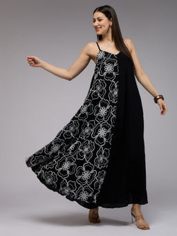 Gajra Gang - Black Viscose Floral Embroidered Maxi Dress With Pocket Chalk & Slate