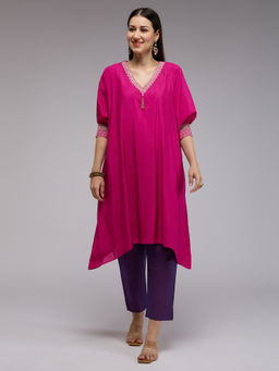 Gajra Gang - Pink Poly Silk Embroidered Kaftan Kurta With Bead Tassels La Dolce Vita