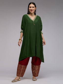 Gajra Gang - Olive Poly Silk Embroidered Kaftan Kurta With Bead Tassels Boho Naari