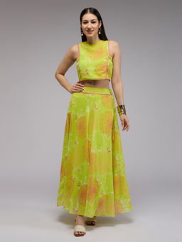 Gajra Gang - Green Georgette Floral Embellished Crop Top And Skirt La Dolce Vita (Set of 2)