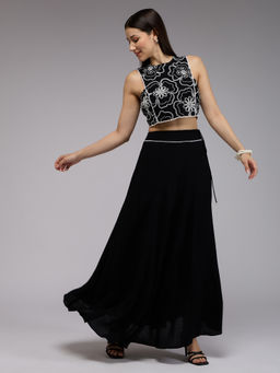 Gajra Gang - Black Viscose Floral Embroidered Crop Top And Skirt Chalk & Slate (Set of 2)