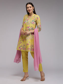 Gajra Gang - Yellow Linen Floral Short Anarkali, Trousers And Dupatta Blushed Affair (Set of 3)