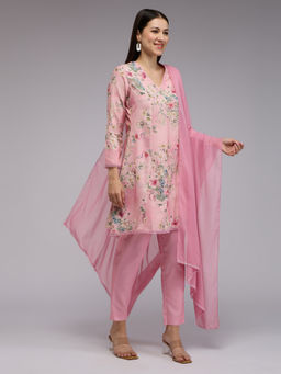Gajra Gang - Pink Linen Floral Short Anarkali, Salwar And Dupatta Blushed Affair (Set of 3)