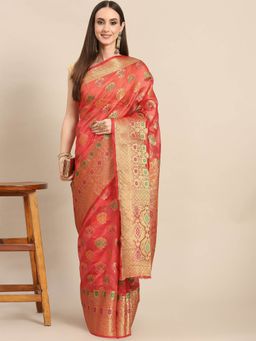 Odette - Coral Woven Organza Saree with Unstitched Blouse