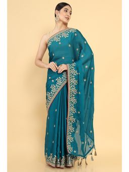 Soch - Women Blue Chiffon Embroidered Saree with Unstitched Blouse
