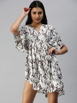 SHOWOFF - Women Off White Abstract V-Neck Dress