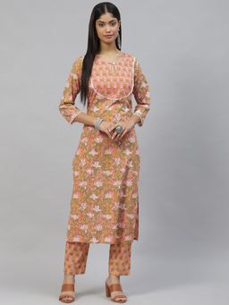 Divena - Pink Floral Cotton Kurta Pant Set (Set of 2)