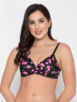 Clovia - Polyamide Printed Padded Full Cup Wire Free T-Shirt Bra - Black
