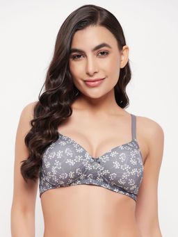 Clovia - Polyamide Printed Padded Full Cup Wire Free T-Shirt Bra - Grey